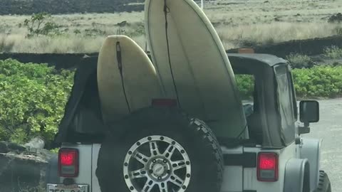 Cars driving with surfboards onto beach