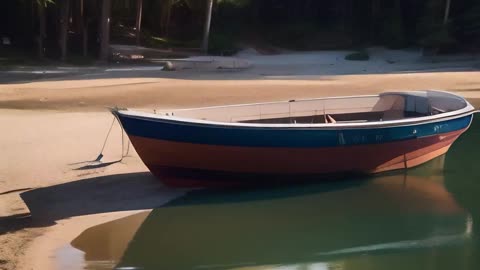 1 boat on the lake in front of another boat on the beach.mp4