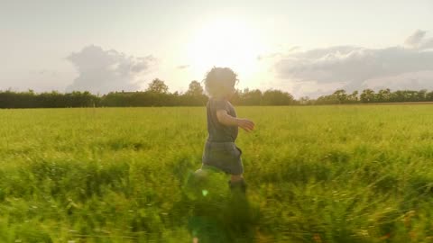 Young boy walking through a field