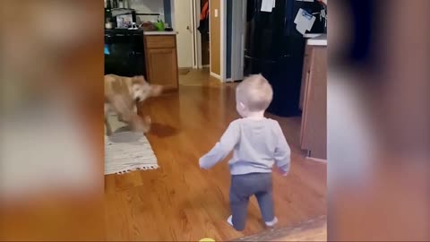 cute baby dancing playing with her cute mom and dog