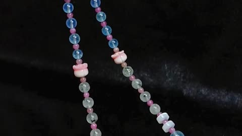 Mop beads and heart-shape pink opal with 3mm Tourmaline Rubellite Apyrite Milky Blue Aquamarine