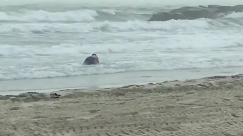 Guy sitting in shallow water beach ocean yellow surfboard