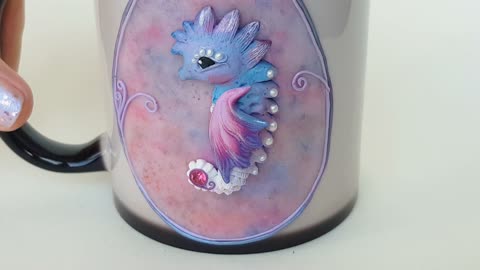 Magic black mug "Seahorse" made of polymer clay. Cup chameleon for a gift by AnneAlArt