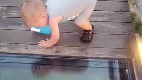 Toddler Attempts to Cross onto Glass Bridge