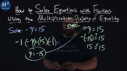 Solve Equations with Fractions Using the Multiplication Property of Equality | -y=15 | Ex. 3 of 5