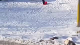 Guy in black on red sled falls off