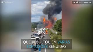 Caminhão com botijões de gás pega fogo e explode na França