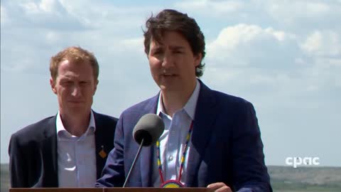 PM Trudeau speaks with reporters about land-claim settlement with Siksika Nation in Alberta