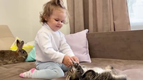 Cute_Baby_and_Kitten_try_to_Cheer_up_the_Rabbit!_