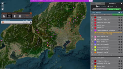 Mount Fuji hotspots and fires from 2023-04-22 ~ 05-02 monitored by NASA, 気象庁. 富士山噴火警戒。富士山北側山麓の気温が高い。