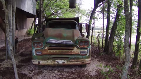 Abandoned Old Chevy Truck sits abandoned in a saw mill used for a filming location.