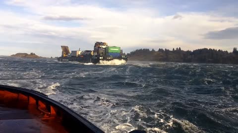Fully Loaded Barge Sideways In Alaska Crosswind