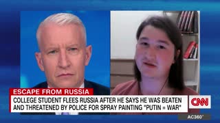 Russian college student spray painted 'Putin = war.'