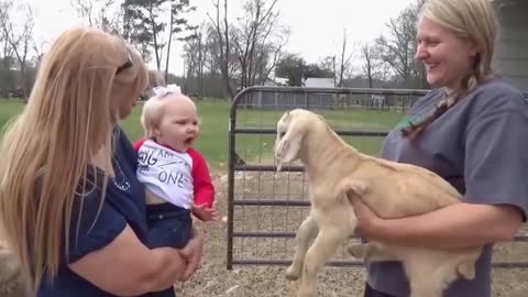 The beautiful girl perfectly imitated the farm goat