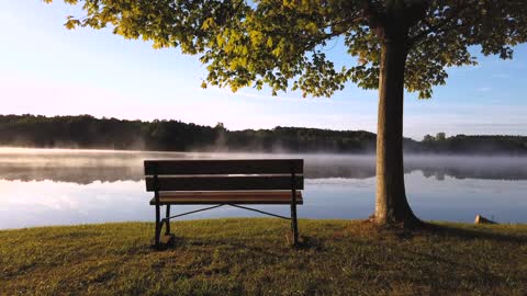 Peaceful Time Lapse Video of a Wooden Bench Besides a Foggy Lake.