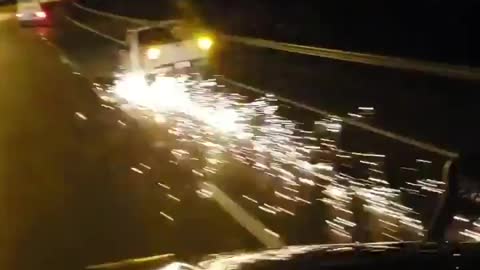 Car Driving on Highway Without Wheel Sends Sparks Flying in the Air