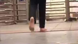 Business woman barefoot on escalators