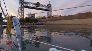 Lake boat going under port colbourne bridge