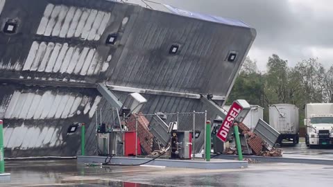 Gas Station Canopy Knocked Over In Perry Florida From Hurricane Idalia