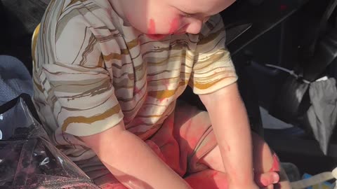 Boy Makes a Big Mess With Makeup in the Back Seat