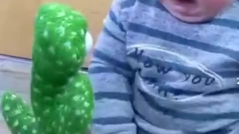 Cute baby playing with cactus