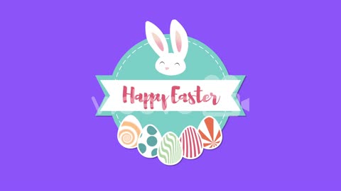 Animated closeup Happy Easter text and rabbit on blue background
