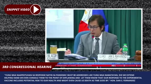 [3rd Congressional Hearing] "Yung mga naapektuhan sa response natin sa pandemic must be addressed like yung mga namatayan, Did we extend helping hand or even console them to the point of explaining and let them know that our response to the experime