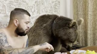 Bear Enjoying a Snack With His Human Best Friend