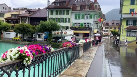 Interlaken, Switzerland, walking in the rain 4K - Most beautiful Swiss towns - Rain Abmbience