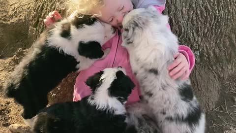 A girl and her puppies
