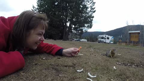 Woman Tries Sneeking a Kiss From Squirrel at Manning Park