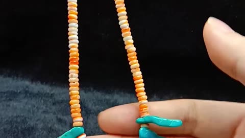 Free-shape Natural turquoise and orange spiny oyster roundle beads necklace full strand 16inch04