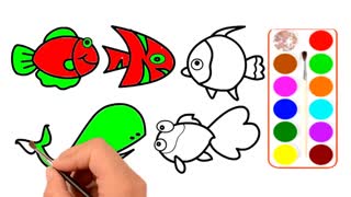 Drawing and Coloring for Kids - How to Draw Fishes and Shark