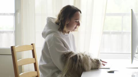 Woman using computer beside her dog, dogs interested to use computer, a cute moment with pets