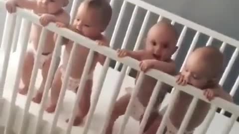 Four cute babies having fun in their cradle