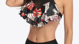 Tropical Print Ruffled Two-Piece Swimsuit