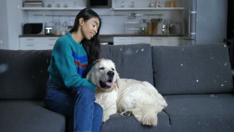 Smiling attractive hindu woman sitting with lying dog on sofa in domestic room. Loving owner caressing and talking to pet. Obedient retriever listening attentively and enjoying embrace of female😀🥰
