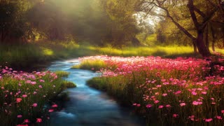 RELAXATION - Babbling Brook - Sunny Flowery Meadow - Meditation, Studying. With AI Artwork - 1 Hour