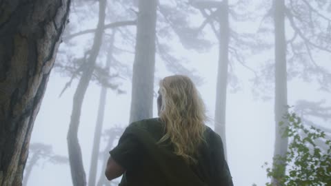 Low Angle Shot of a Woman Walking through Forest