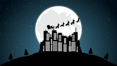 christmas flying santa sleigh reindeer's over the buildings