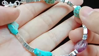 Natural turquoise free-shape beads and fluorite fluorspar 925 silver bracelet orange spiny oyster