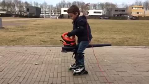Kid finds clever way to power roller skates