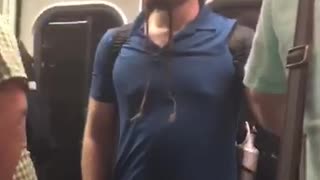 Guy man subway blue shirt double braid beard