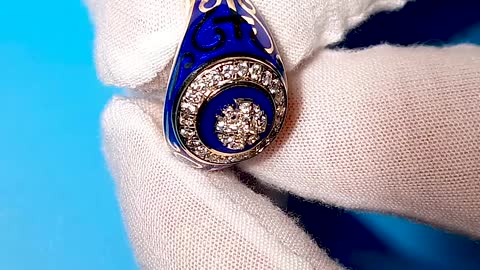 Overview Gold Halo Christian Signet Ring with Diamonds and Blue Enamel
