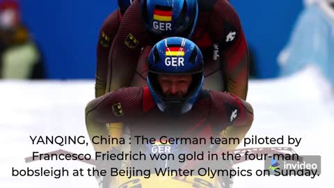 In four-man bobsleigh, a German team led by Friedrich wins gold.