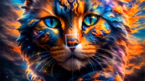 AI Generated Picture of a Colourful Cat with Blue eyes and having infinity stones on her body