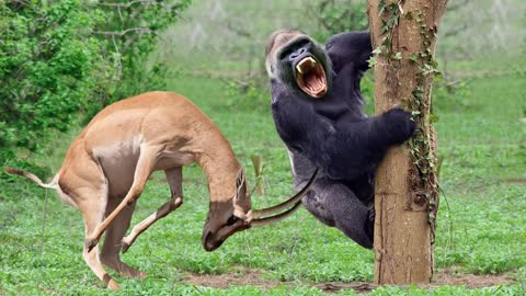 Power of mother animals mother Impala take down Gorilla to save her baby Baboon versus Impala