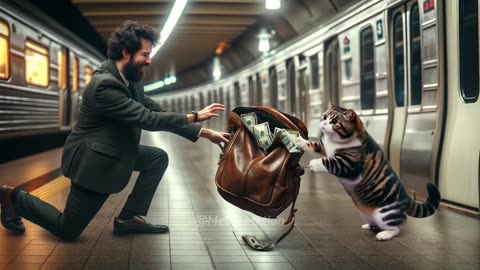Cat found the bag of money at the Subway station #cat #money #ai