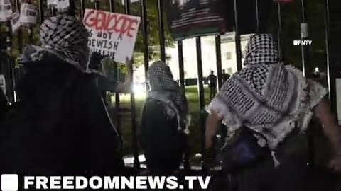 Anti-Israel protesters attack the fence of the White House.