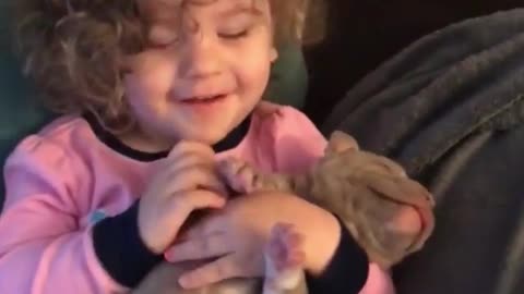 Baby girl preciously plays with pit bull puppy